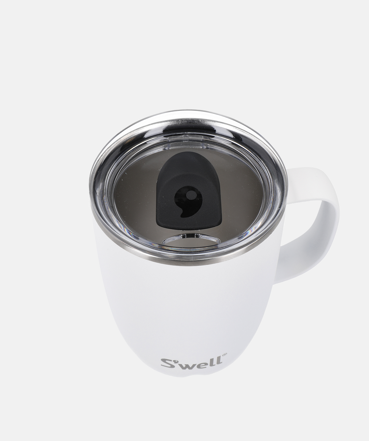 Vista desde arriba de la taza S'well Mug Stone Moonstone blanca resaltando su diseño mineral.