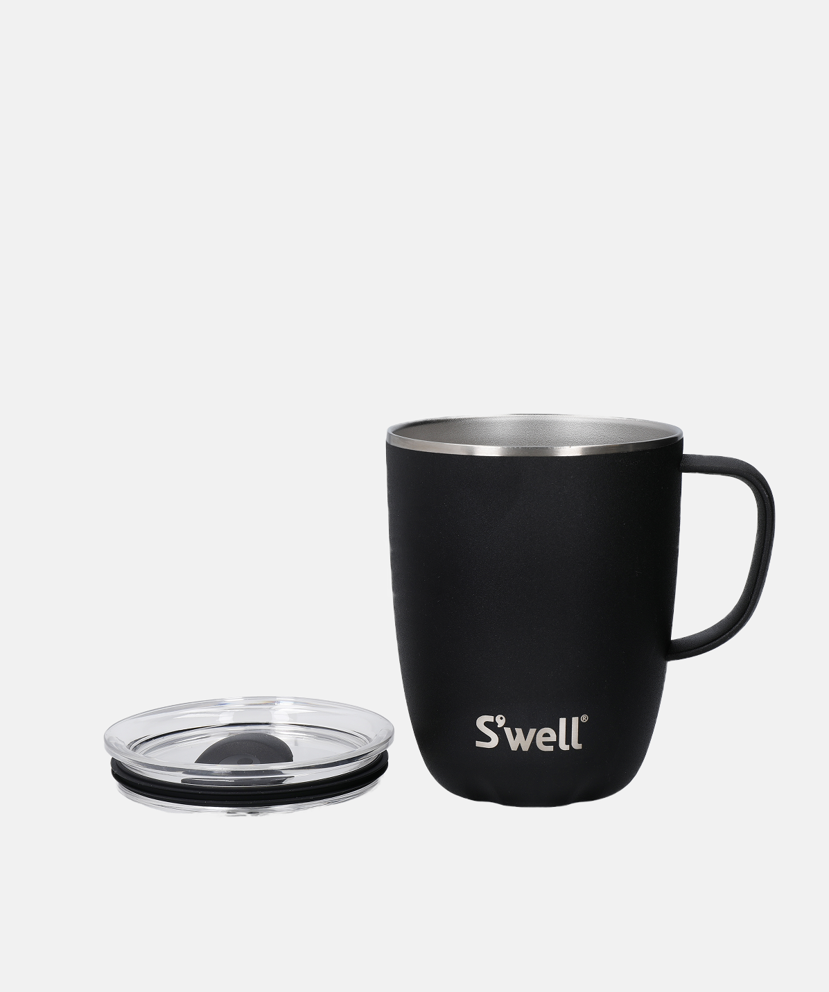 Taza térmica S'well Mug Stone Onyx de 355ml color negro abierta con su tapa protectora.