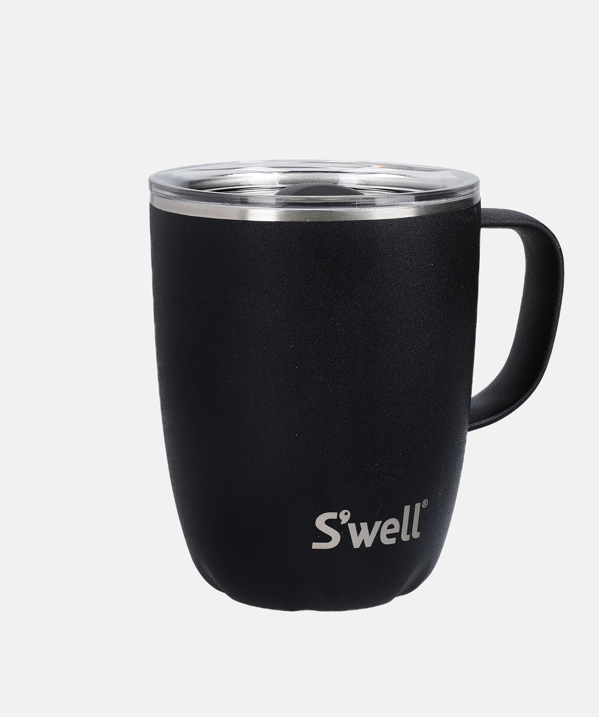 Vista lateral de la taza S'well Mug Stone Onyx negra con acabado mate texturizado.