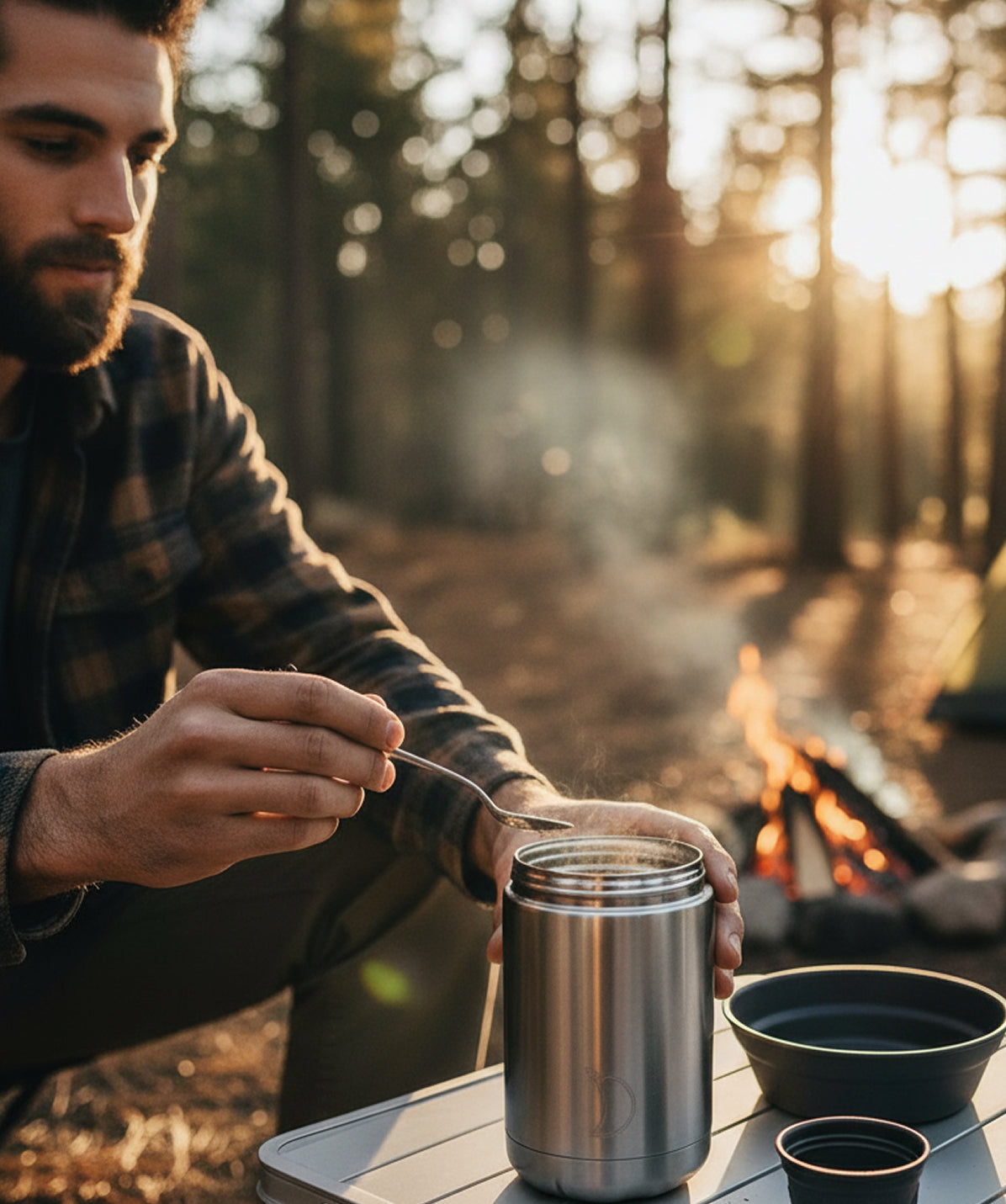 Termo de sólidos Chilly's Acero 500ml en un entorno de camping/montaña. Termo de comida de acero inoxidable ideal para llevar comida caliente en la naturaleza.