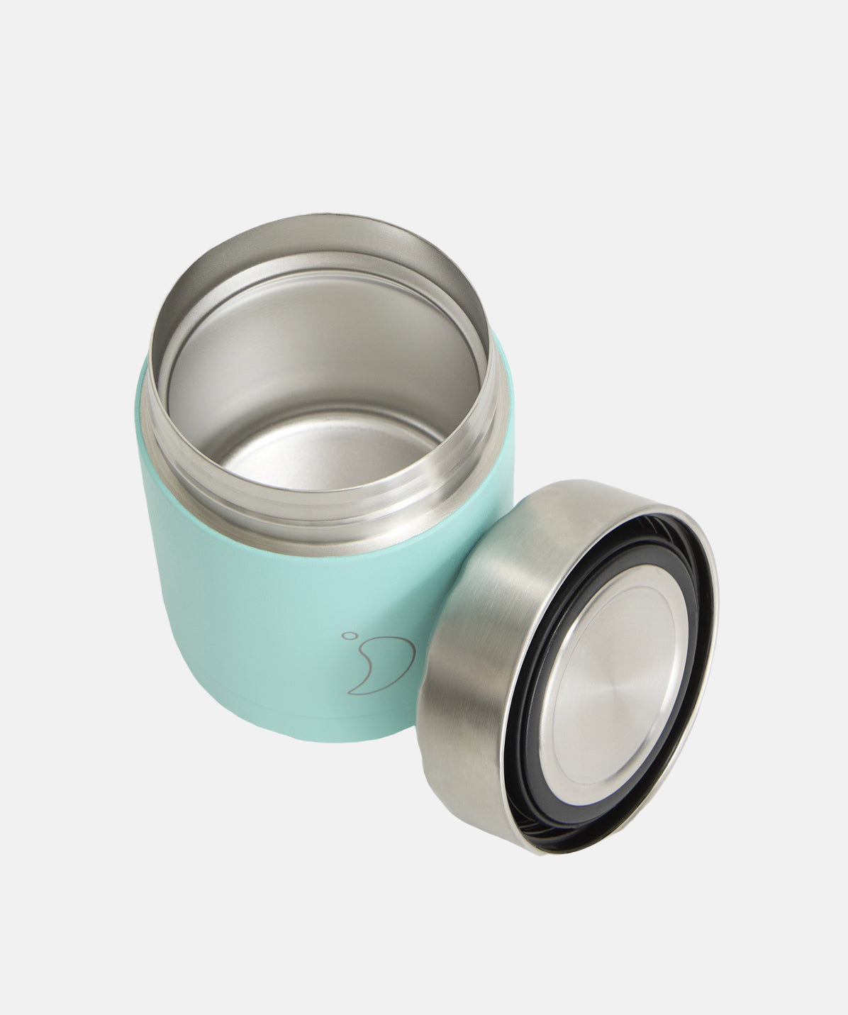 Termo para sólidos Chilly's Mate Menta 300ml con la tapa desenroscada. Aislamiento de doble pared, cierre hermético a prueba de fugas.