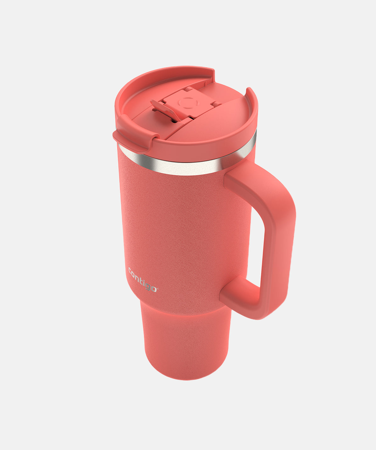 Vista superior Termo Thermalock 1.2L coral, interior de acero, abierto con pajita reutilizable.