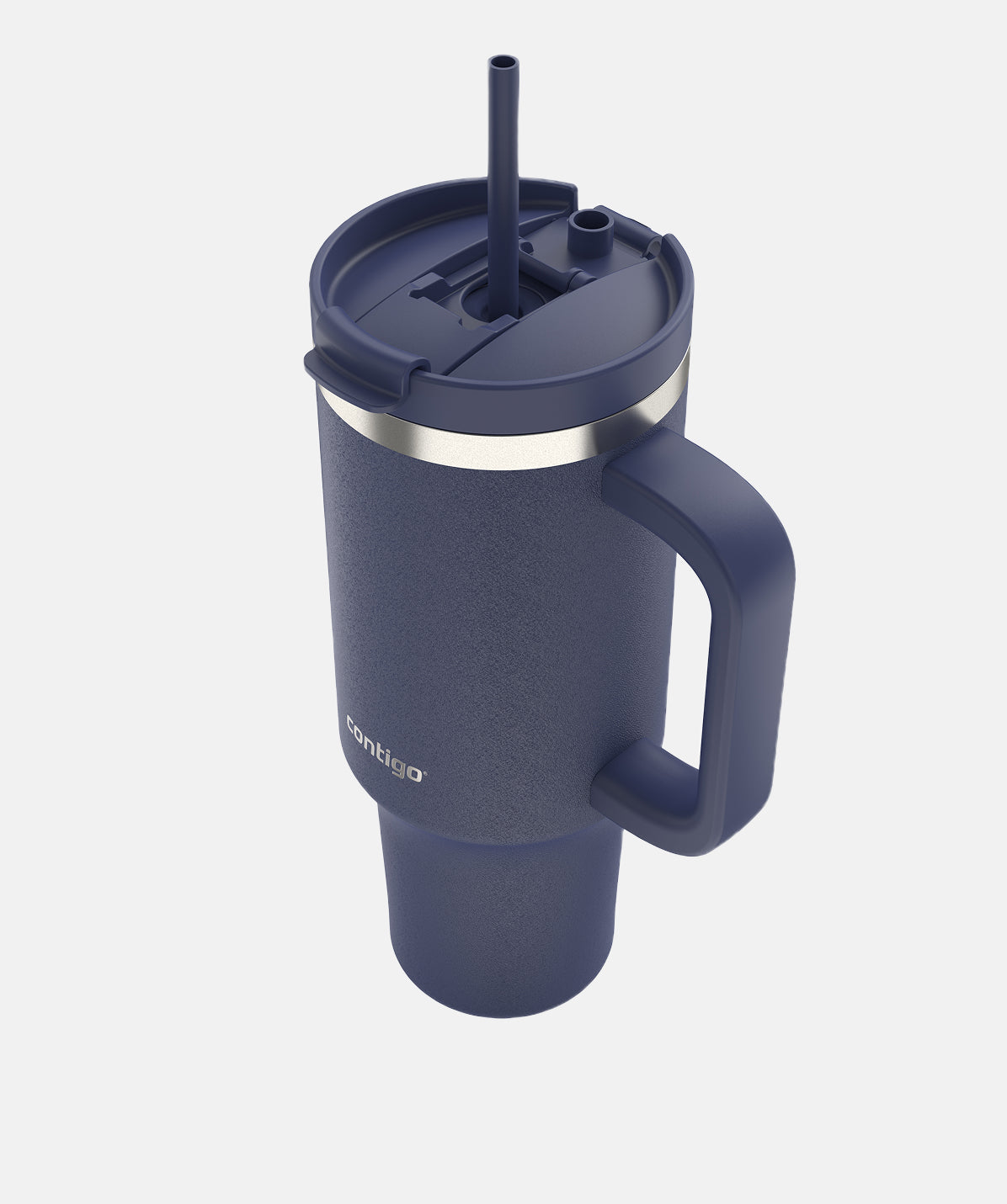 Termo Tumbler Contigo Thermalock 1.2L Indigo con asa, encajado en el portavasos del coche.