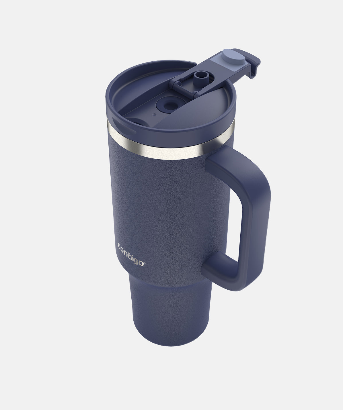 Vista superior Termo Thermalock 1.2L Indigo, interior de acero, abierto con pajita reutilizable.