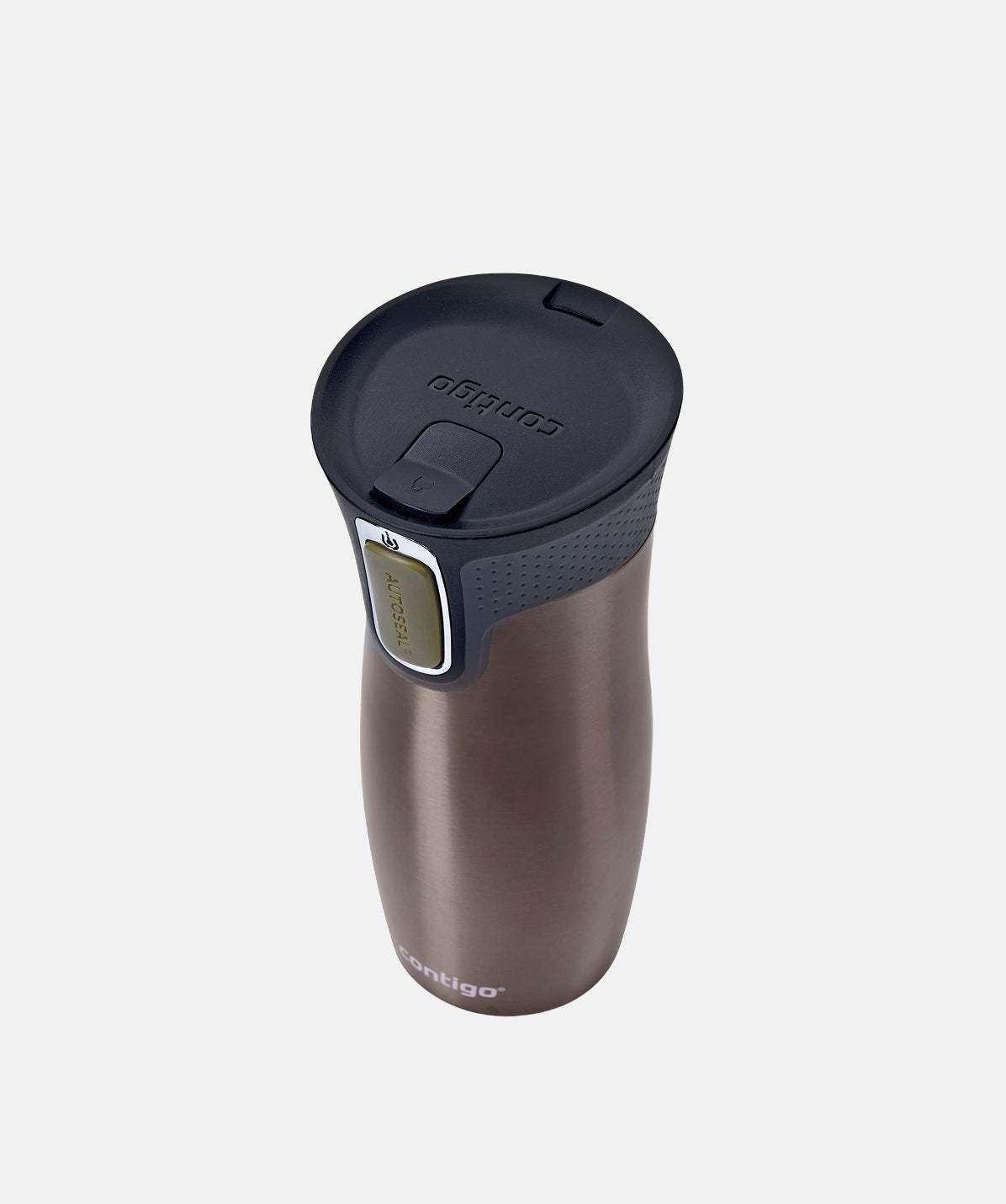 Vista superior del termo Contigo West Loop Autoseal, destacando el botón de seguridad.