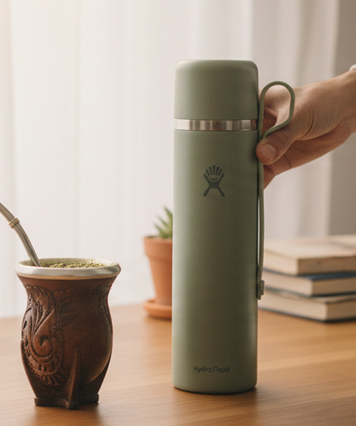 Termo Hydro Flask 36 oz Hot Flask and Cup Agave 1064ml. Termo de acero inoxidable que incluye taza, ideal para té o bebidas calientes.