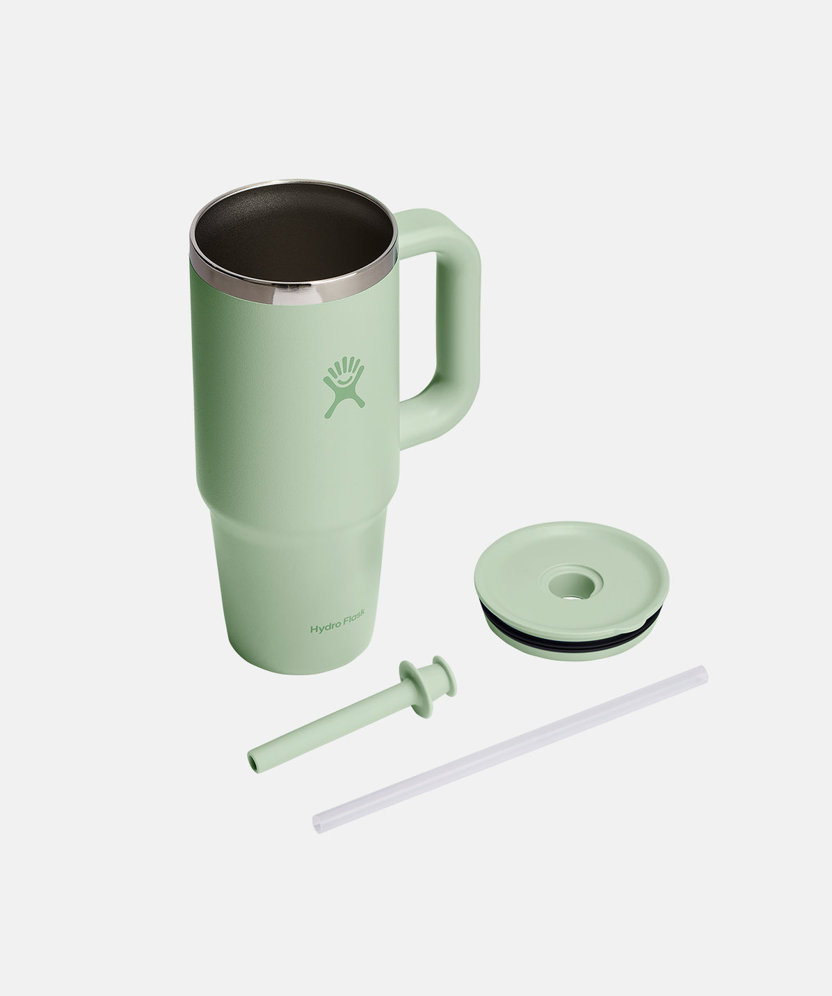 Vaso Hydro Flask Travel Tumbler 24oz Aloe, vista superior mostrando tapa con pajita reutilizable y asa flexible.