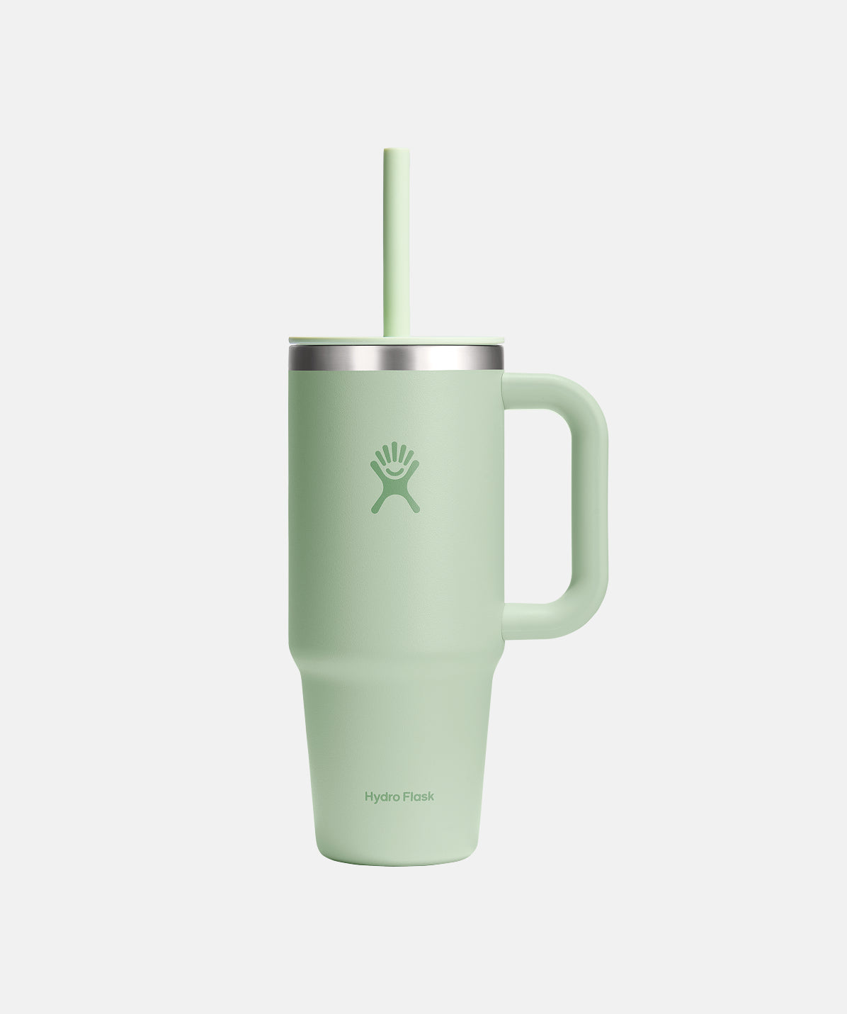 Vaso Hydro Flask Travel Tumbler 710ml Aloe, acero inoxidable de doble pared TempShield, con asa.
