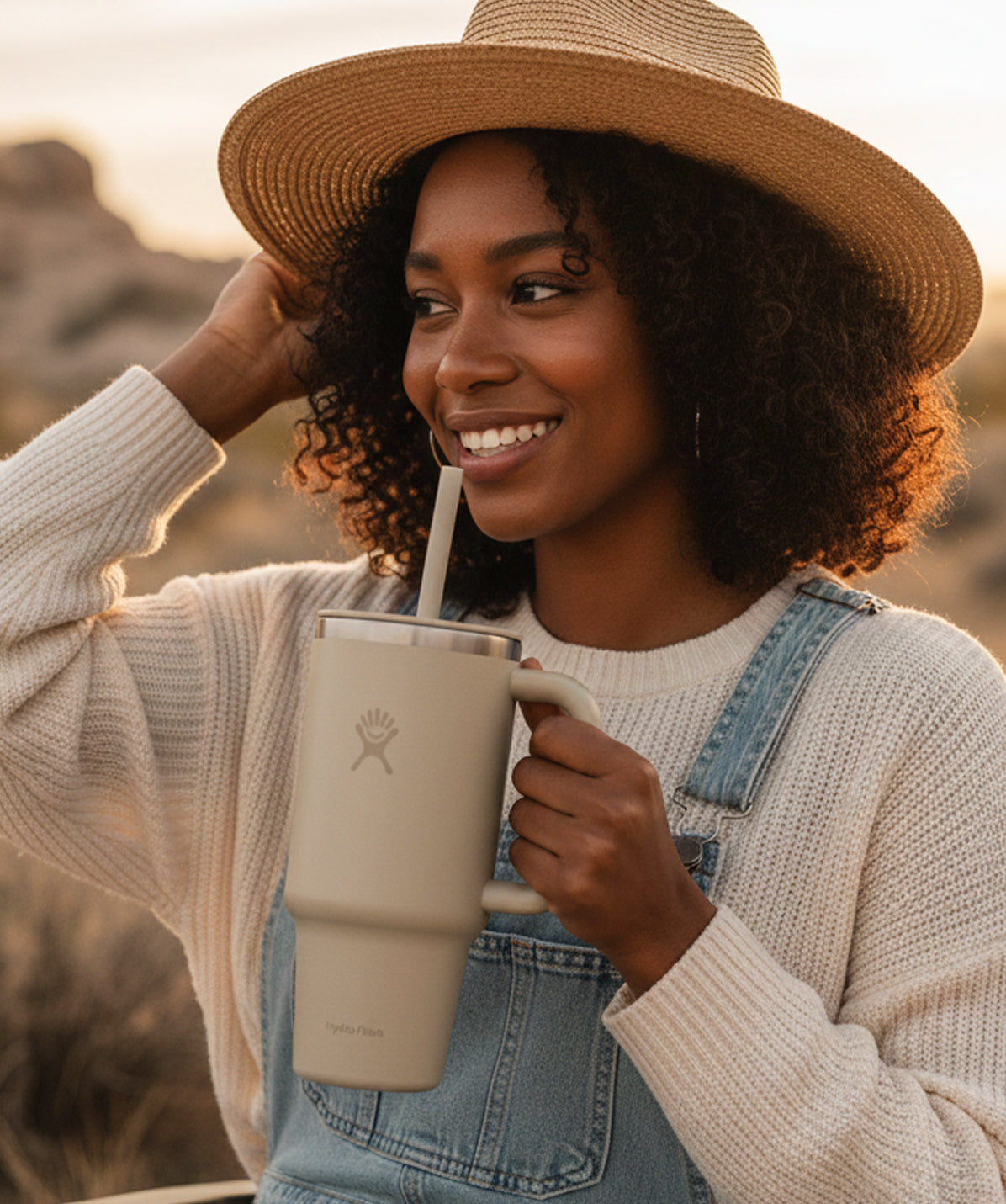 Mujer joven sonriente con sombrero al atardecer, bebiendo de Termo Hydro Flask Travel Tumbler color Oat 24oz con pajita. Estilo de vida.