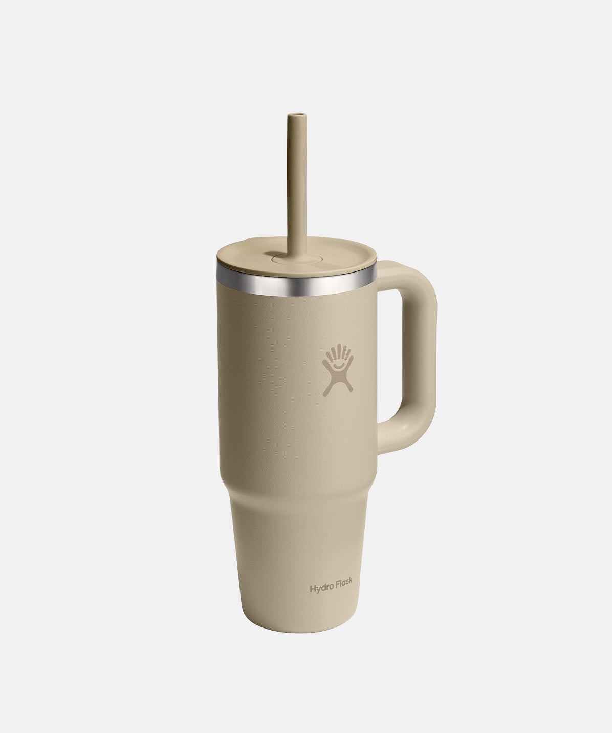 Vista superior del Termo Hydro Flask Travel Tumbler Oat 24oz, mostrando la tapa con pajita y el asa lateral.