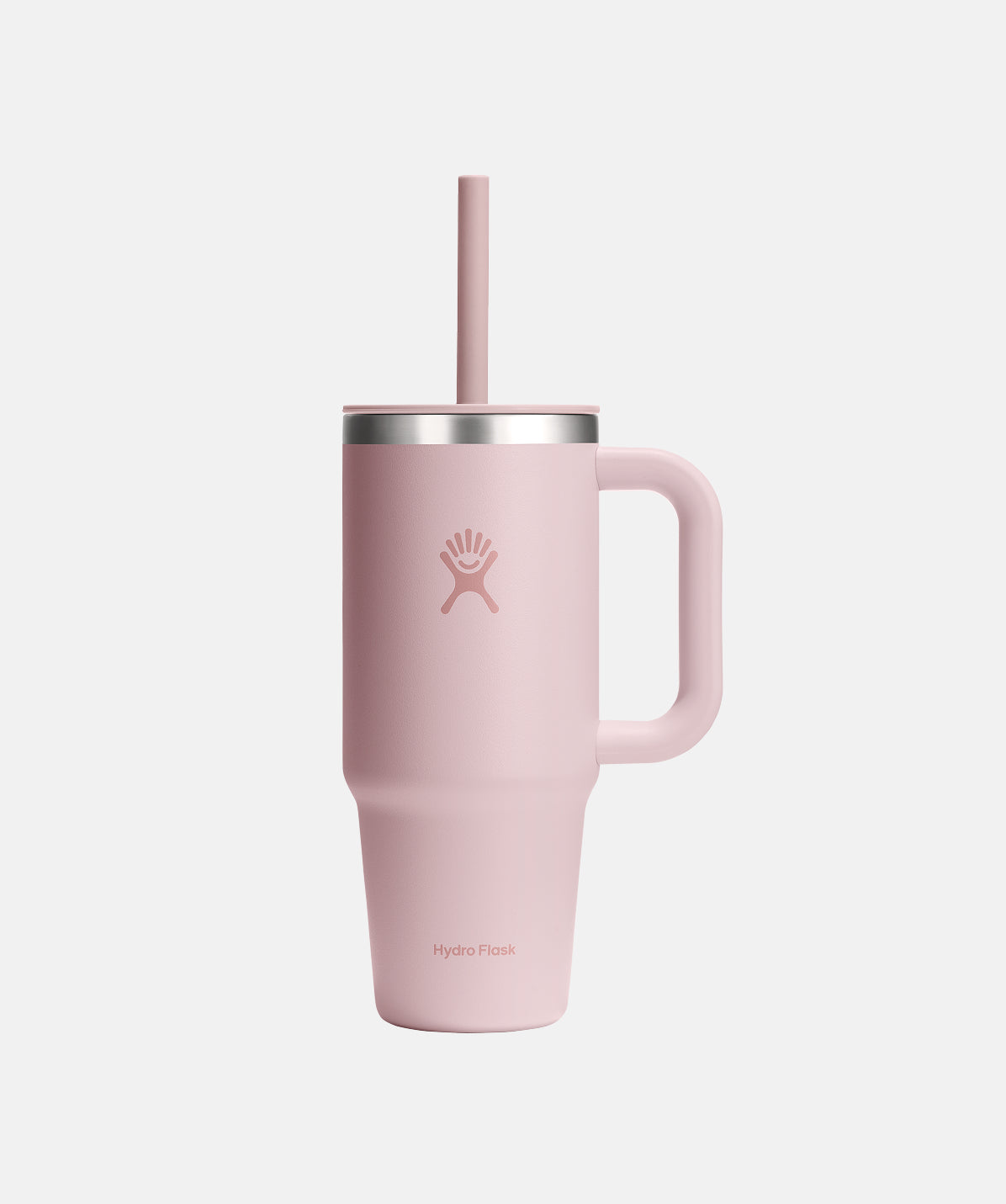 Vaso Hydro Flask Travel Tumbler 710ml Trillium, acero inoxidable en color rosa, con asa y pajita.