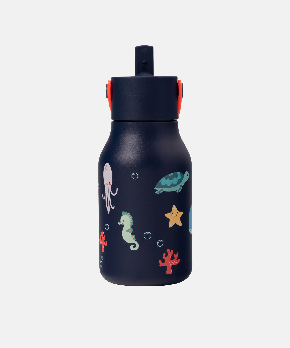 Termo de agua Lund Little Kids 400ml azul con animales del océano. Diseño de ballenas, cangrejo y peces para niños.