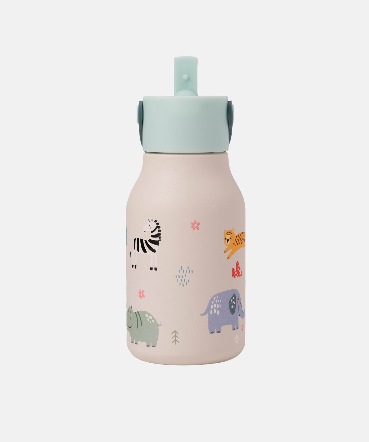 Termo de agua Lund Little Kids 400ml beige safari. Tapa con pajita levantada. Animales de zoo.