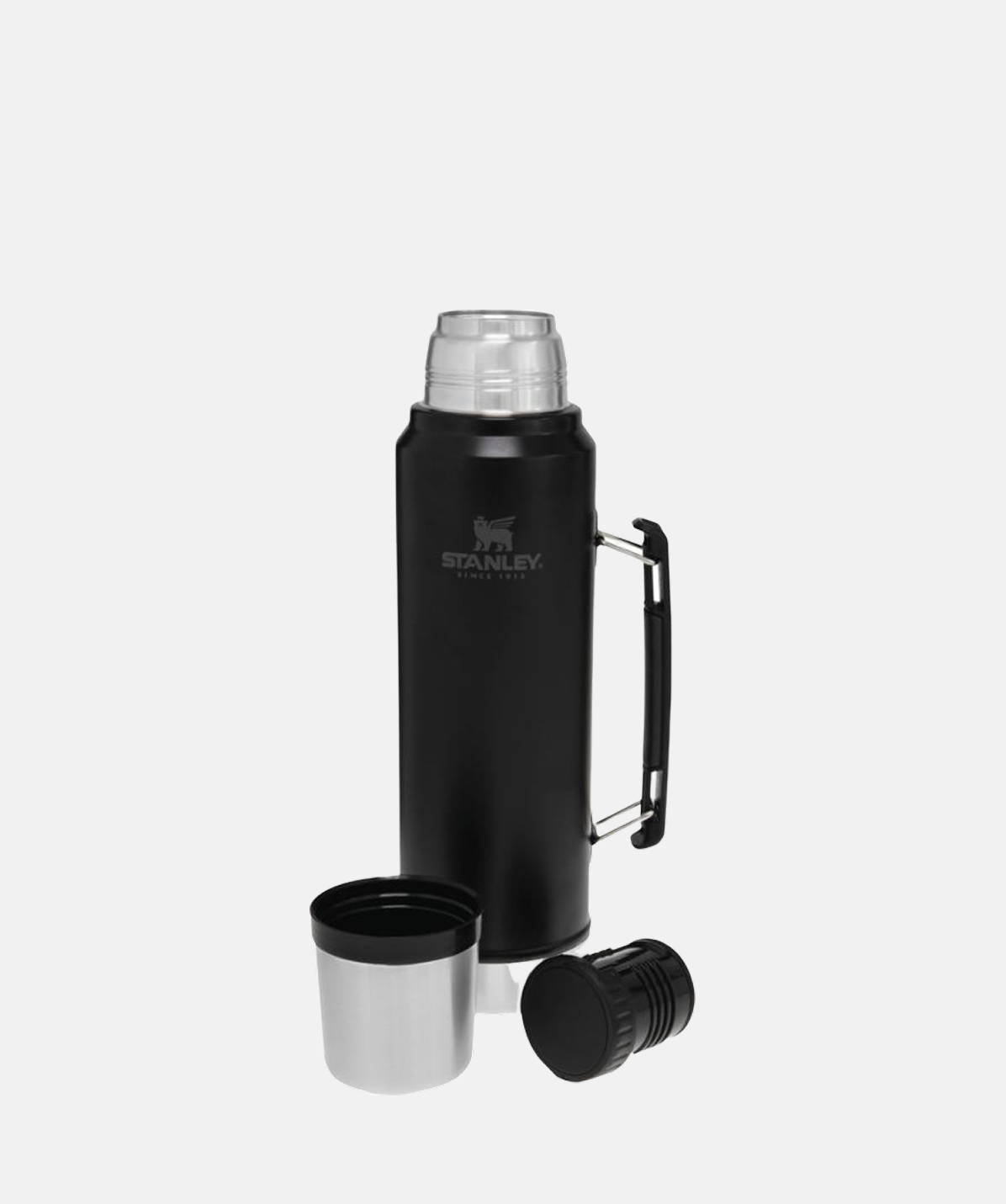 Termo Stanley Classic Legendary Bottle negro 1 Litro. Acero inoxidable, mostrando el tapón y el vaso/taza de servir.
