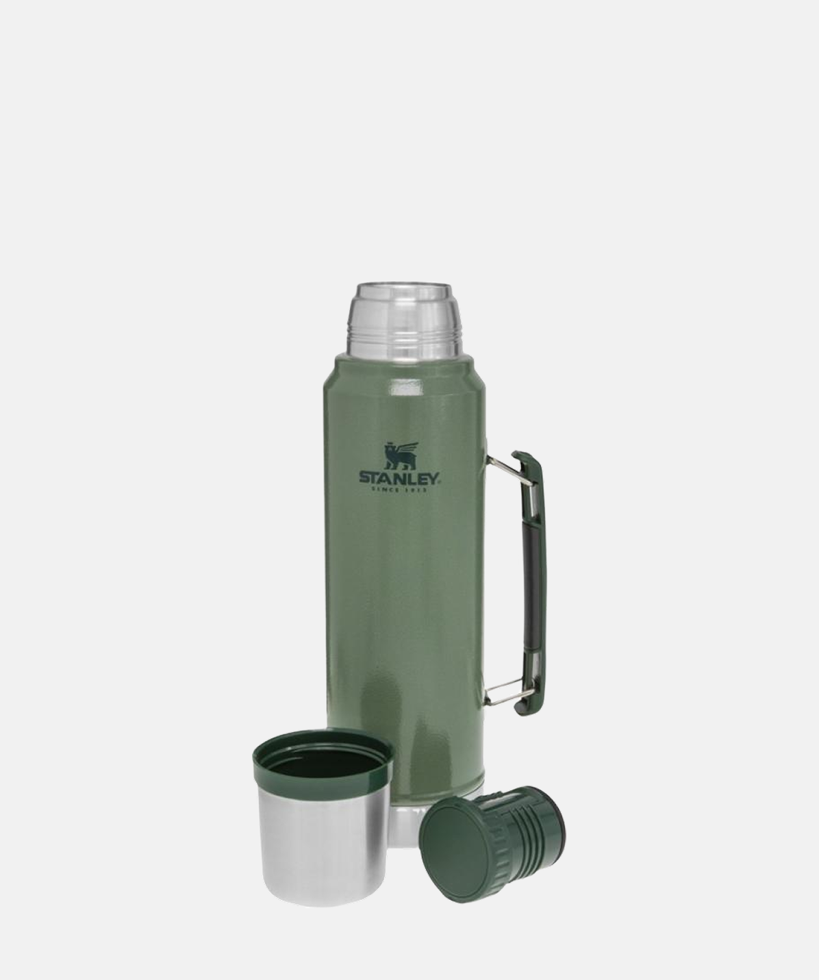 Termo Stanley Classic Legendary Bottle verde Hammertone Green 1 Litro. Acero inoxidable, con tapón cebador y taza.