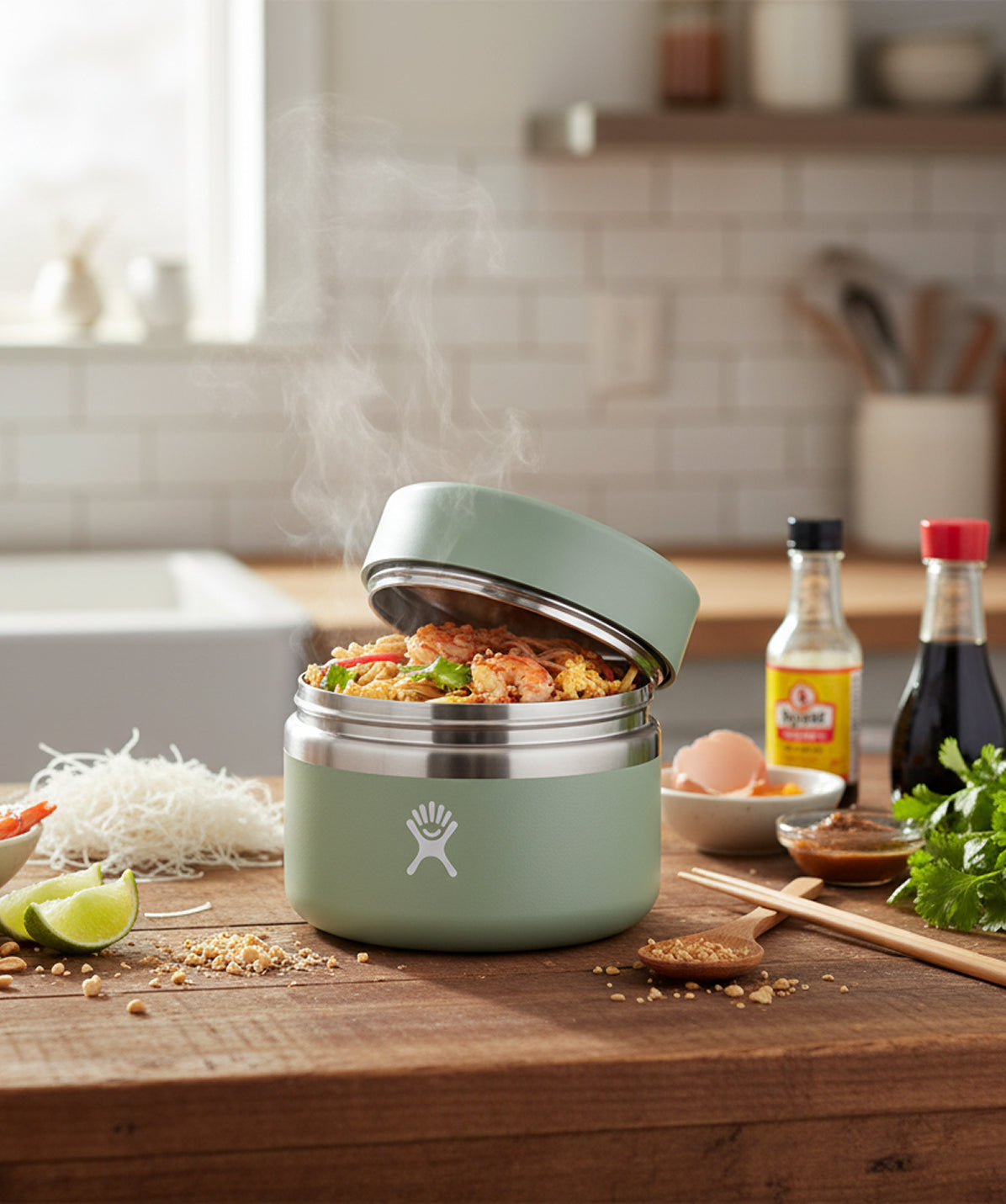 Termo de sólidos Hydro Flask 12 oz Food Jar Agave. Recipiente de acero inoxidable para alimentos fríos o calientes. Preparación en la cocina.