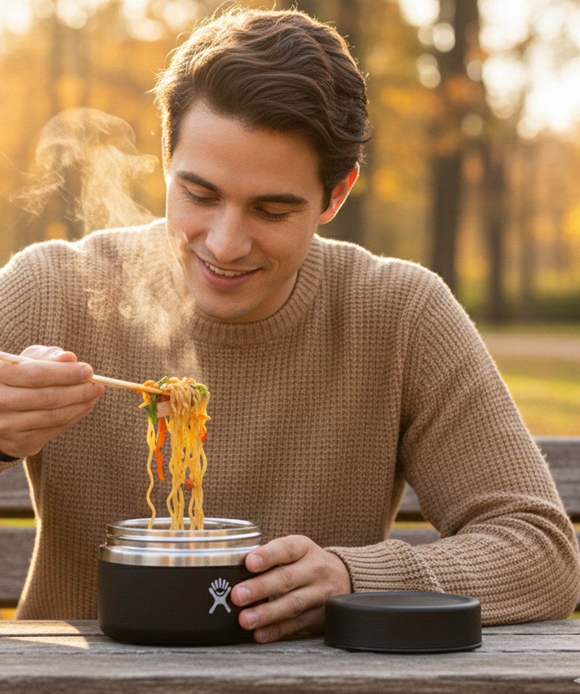 Termo Hydro Flask Food Jar negro 12oz, de acero inoxidable, manteniendo la comida caliente en una escena de exterior.