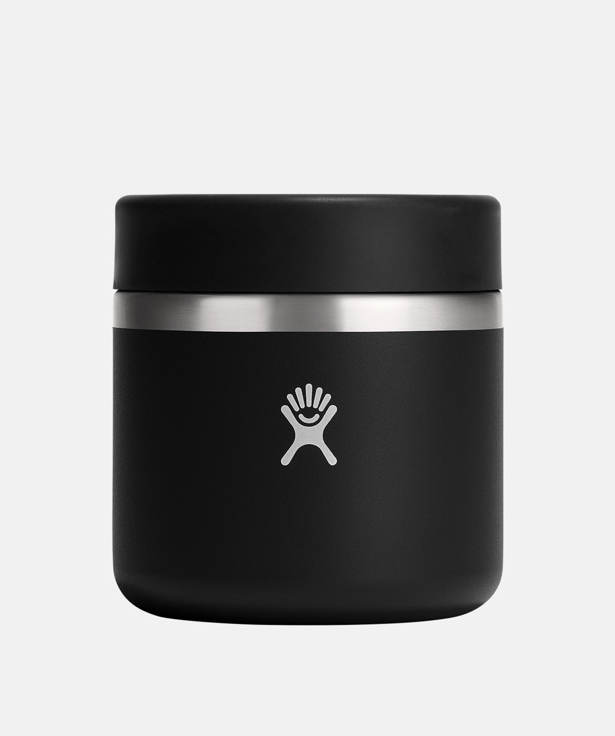 Termo para alimentos Hydro Flask Food Jar negro 20oz con tapa ancha, diseñado para mantener comidas calientes o frías.