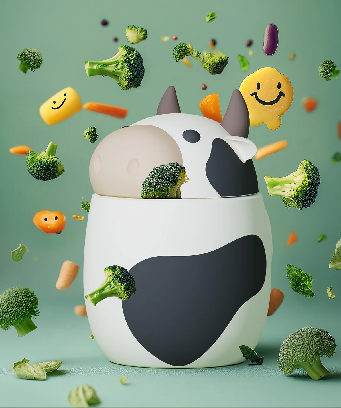 Termo para comida Asobu Bestie Vaca de acero inoxidable durante un almuerzo escolar con verduras a su alrededor.