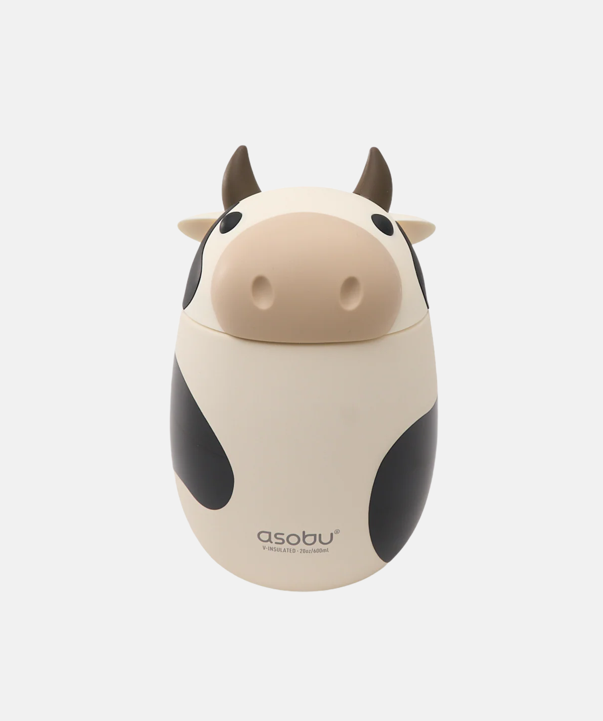 Vista frontal del termo para comida Asobu Bestie Vaca con detalles de silicona y diseño de animal.