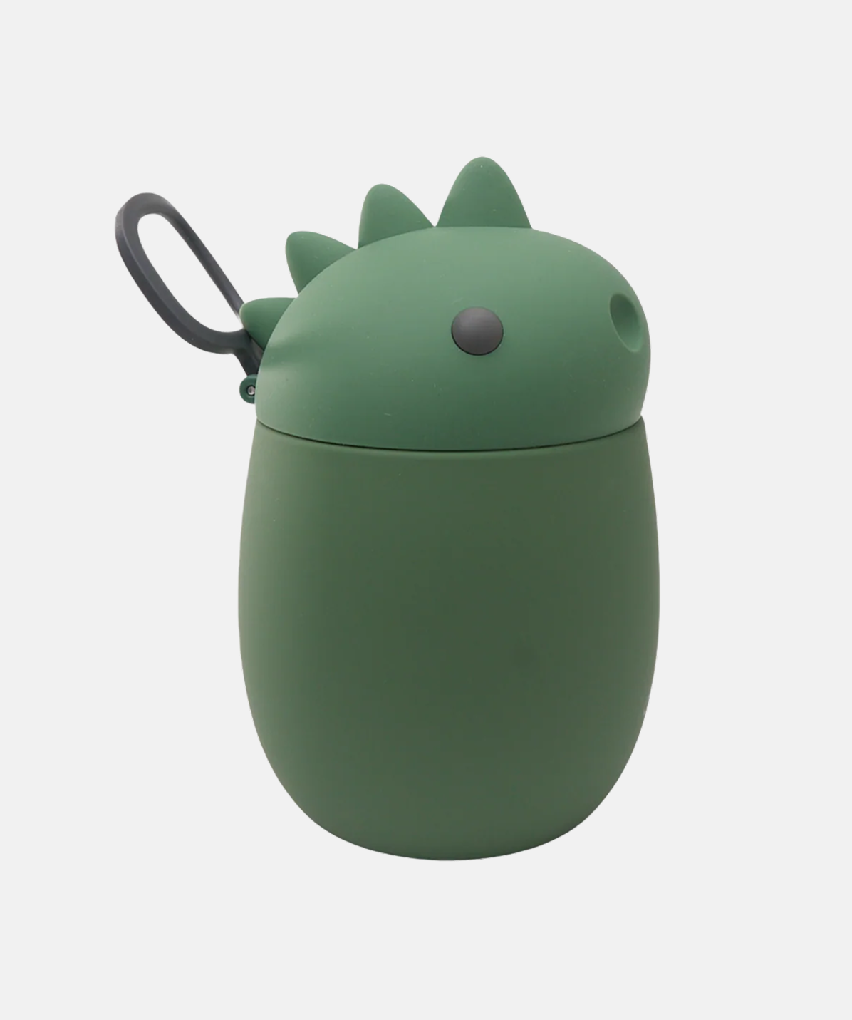 Vista lateral del termo para comida de acero inoxidable Asobu Bestie con diseño de dinosaurio.