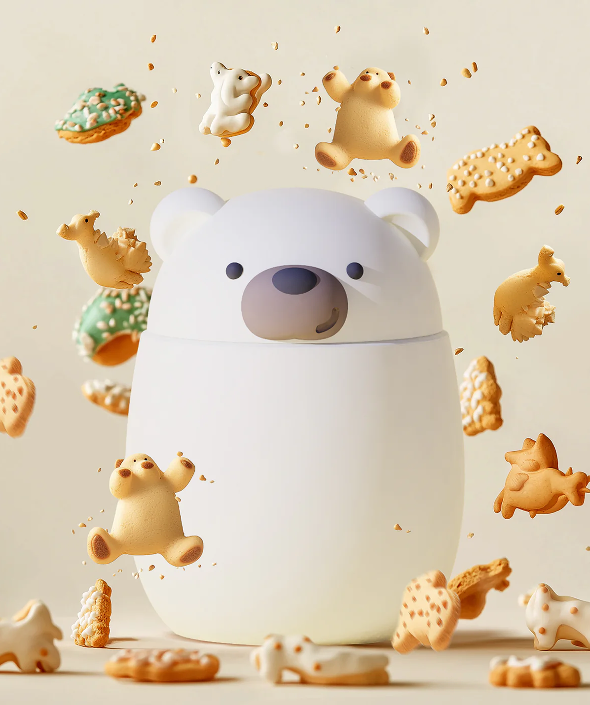Termo de comida Asobu Bestie diseño oso blanco en ambiente creativo con galletas, ideal para almuerzos divertidos.