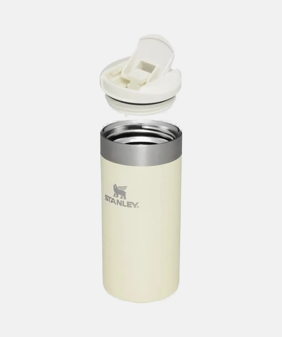 Vaso térmico Stanley AeroLight™ Transit Mug Cream gloss 350ml. Vaso abierto mostrando el interior y la tapa.