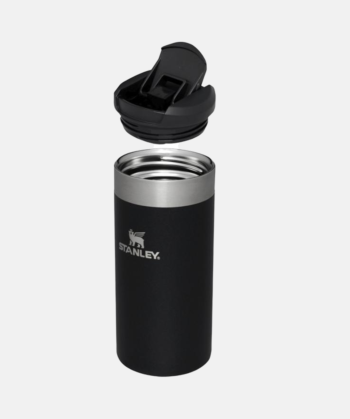 Vaso térmico Stanley AeroLight™ Transit Mug negro 350ml. Acero inoxidable, mostrando la tapa antiderrame y boquilla abierta.