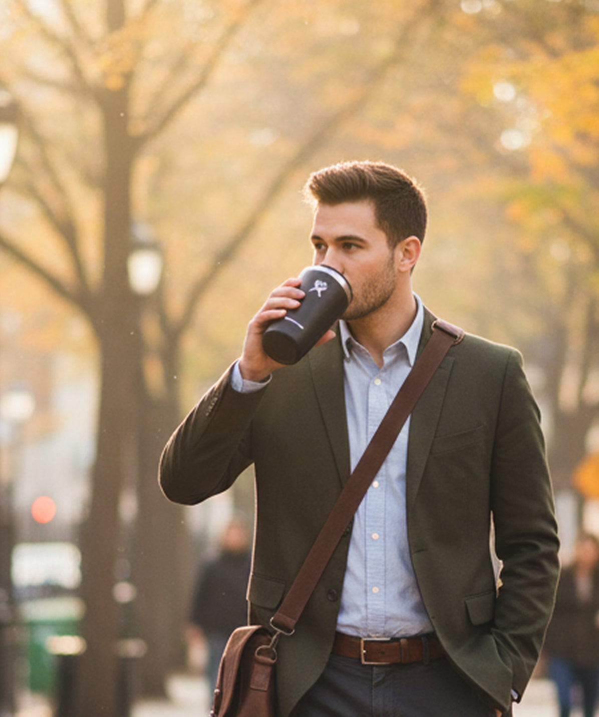 Hombre caminando y bebiendo de un Vaso Térmico Hydro Flask negro 12oz (355ml). Vaso de viaje de acero inoxidable.