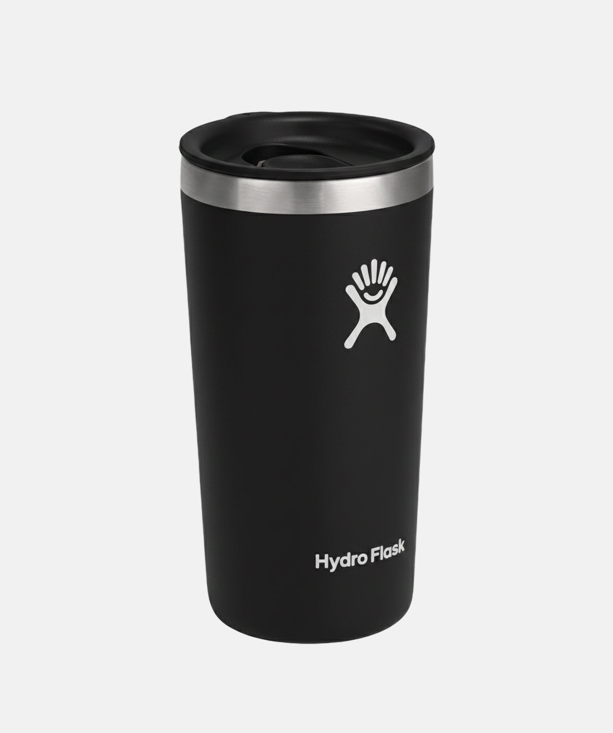 Vaso térmico Hydro Flask negro 12oz, mostrando el detalle de la tapa a presión para un transporte seguro.